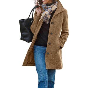 Women's Khaki Casual Wool Blend Stand Collar Single Breasted Mid Long Pea Coat